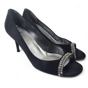 Stuart Weitzman Siremritz Black Satin Peep Toe Crystal Heels MADE IN SPAIN 10M